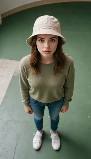 A cinematic top-down portrait of a young woman standing on a solid deep green floor, captured from an extreme overhead angle. She looks up directly at the camera with wide, expressive eyes, creating an intimate and slightly surreal mood. She wears a soft white bucket hat, a cozy oversized green-and-beige checkered sweater, blue jeans, and white sneakers. Minimalist composition with vast negative space surrounding her, emphasizing isolation and calm. Soft diffused studio lighting, natural skin tones, subtle shadows, clean color grading with earthy greens, editorial fashion photography style, ultra-sharp focus, high resolution, modern aesthetic, cinematic framing, shot on a professional DSLR, shallow depth of field, Instagram poster vibe