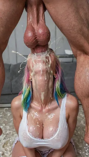 Belle Delphine, rainbow hair, pigtails, head band, (big perky tits:1.3), deep cleavage, round big tits, running mascara, thigh high socks, skirt, glistening skin, (shoving extreme massive broad white cock deep in her throat), massive balls, (giant white cock:1.5), throat fucking, completely filling her throat, ultra detailed, balls deep, holding her head pushing his white cock all the way down her throat, face fuck, to the hilt, ((big throat bulge:1.4)), squatting on a big fat dildo, eyes closed hard in panic, ((cumming in her throat)), excessive cum on face, massive facial, <lora:add-detail-xl:.8>, <lora:LCMTurboMix_Euler_A_fix:.8>, <lora:bombshell_v2:.5>, <lora:ThePitXL:.5>