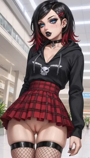 Tight asshole, pervy cute frisky emo girl, covered in tattoos, lots of tattoos, extremely horny, very attractive slutty hottie giving viewer peek of her tiny incredibly tight pussy, (huge anal plug:1), looking back at viewer with adorable extreme lewdness, beautiful face like a supermodel, glamorous goth makeup, black lipstick, (full thick lips:1.1), beautiful, gorgeous, perfect adorable face, small cute nose, (blue perfect eyes), (large seductive eyes:1.3), (incredibly sexy physique:1.4), narrow shoulders and chest, narrow waist, perfect round ass, thigh gap, naturally busty, long straight black hair with highlights, (hair clip:1.4), (black hoodie:1.3), (red plaid skirt), (fishnet stockings), (showing pussy:1.2), mall, TattooVariations, 3m0, Punk, G1rl, portrait, makeup, glowing, punk, 1girl, emo, girl, <lora:lora-sdxl-perfect-eyes:2>, <lora:TattooVariations:1.9>, <lora:Emo_Punk_Girl:1.2>, <lora:2010s_Emo_Style_XL:.6>