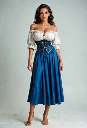 (Esmeralda from The Hunchback of Notre Dame), (large round breasts), (white, off-the-shoulder peasant blouse), (short and loose sleeves), (fitted corset-style bodice in teal blue with thin vertical gold lines), (deep purple, ankle-long and flowing layered skirt with white underskirt with a scalloped edge), (purple wrap around her waist with gold coin-like ornaments), (large gold hoop earrings), (gold bangles), (gold anklet), (barefoot), France, (eye contact:1.2), (looking at viewer:1.2), (full body shot:1.3), (front view:1.4), most beautiful light-green eyes, perfect female face, gypsy female, beautiful female model, horny expression, beautiful, gorgeous, seductive eyes, perfect ass, (perfectly shaped breasts), (dynamic pose:1.3), warm colours, ((textured skin)), 4k epic detail, shot on kodak, 35mm photo, sharp focus, cinemascope, epic, score_9, score_8_up, score_7_up, rating, explicit, best quality, ultra-detailed, masterpiece, finely detail, highres, 8k wallpaper, intricate, highly detailed, insanely detailed, best lighting, perfect illumination, (best illumination), (best shadow, best shadows), full scene picture, full-length photo, ((ultra-detailed)), (intricate details:.6), professional photography, photo-realism, award winning photography, dslr, hyperrealistic, 35 mm, (Fujifilm XT3, analog style, professional DSLR photo, film grain:.8), 8k high definition, Great Composition, highly complex, (intricate detail:1.2)