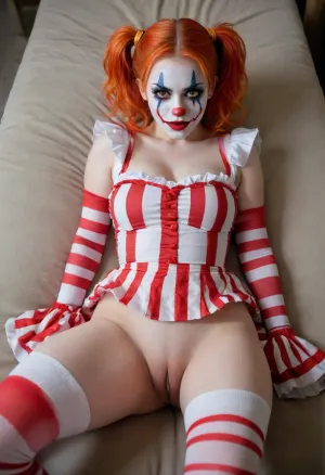 young beautiful girl 18 years old clown girl with big breasts, wearing a pulled-up dress without any underwear, laying on her back with spread legs, no panties, long striped socks, clown makeup, skinny, white face paint, detailed vagina, looking at the viewer, back long high twin multi-colored ponytails, excited, aroused, tack sharp, 4k, dslr