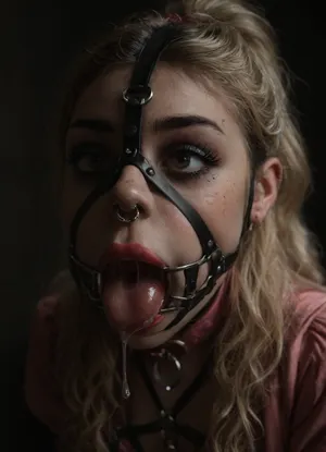 ((30 years old, Tipical italian girl, fit body, fake booobs, perfect cute face, scared, crying, curly very long blonde hair in ponytail, brown eyes, light freckles, bimpo lips, skin pores, smooth skin, round ass, hips gap, oiled body)), ((cute frilly pink dress)), ((heavy goth pink makeup, eyeshadow, eyeliner, mascara, red lipstick)), (pink slave collar), ((nose ring piercing, septum piercing:1.5)), ((pink face harness gagged mouth:1.5)), ((drooling saliva from mouth, lot of saliva)), in a country apartment, harnessgag, <lora:add-detail-xl:1.3>, <lora:detailed_notrigger:1.2>, <lora:dark:.8>, <lora:harnessgag_xl-000003:1.3>