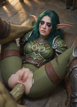 Night elf from world of warcraft, (green hair), (straight tall hair), (closed eye), (closed mouth), (extreme makeup), ((cry, tears)), hunter, (tight pants), (ripped clothes), sundered armor, (legs spread), floor, pussy, (anal sex), (green orc male), forced