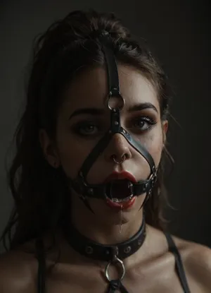 ((30 years old, Tipical italian girl, fit body, fake booobs, perfect cute face, curly very long brown hair in ponytail, brown eyes, light freckles, bimpo lips, skin pores, smooth skin, round ass, hips gap, oiled body)), ((heavy goth makeup, eyeshadow, eyeliner, mascara, red lipstick)), (slave collar), ((nose ring piercing, septum piercing:1.5)), (wearing a black thong), ((face harness gagged mouth:1.5)), ((drooling saliva from mouth, lot of saliva)), in a country apartment, harnessgag, <lora:add-detail-xl:1.3>, <lora:detailed_notrigger:1.2>, <lora:dark:.8>, <lora:harnessgag_xl-000003:1.3>