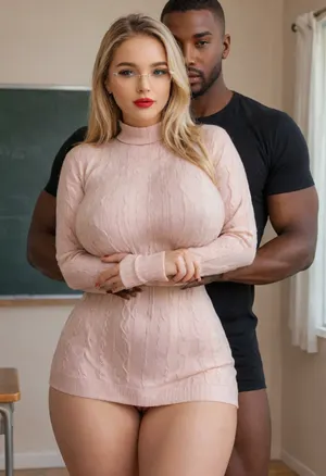 (Photorealistic masterpiece, best quality), (((interracial couple sex))), ., 1woman, fully clothed, (beautiful:1.8), sexy 40yo, blonde, French, (curvy:1.7), ultra-wide hips, thick thighs, big bubble butt, shaved legs, soft skin, detailed asymmetrical face, bright blue eyes, long natural eyelashes, no skin blemishes, sexy big glasses, perfect heavy makeup, red lipstick, perfect covered breasts, (natural, medium, soft, teardrop breasts hidden inside clothing), protruding nipples, perfect detailed hands, red nails, (diamond sparkling ring), perfect pussy, wearing a short sweater-dress. Standing, sexy fucking, S-Curve modelling position, one leg slightly raised, leaning forward slightly, looking at the viewer to tease, hands resting on her own hips, standing doggystyle sex, (fucked from behind), by 1man, Black African, perfect detailed eyes, brown eyes, tall, muscular, standing behind her, male model face, attractive, modern male hairstyle, detailed masculine hands, his hands are groping her thighs. classroom doorway setting, soft natural lighting, bright windows in classroom, natural dynamic reflections, captured with award-winning camera, UHD, hyperdetailed, photo realistic, hyper realism, key visual, intricate detail, highly detailed, vibrant, exciting, lots of shadows, romantic, masterpiece, knitted, sweater, dress, tight, dvr-shrp, sexy ass, small, <lora:WildcardX-XL-Detail-Enhancer:1.5>, <lora:attractive_notrigger:1.5>, <lora:BT_Knitted_Sweater_Dress_XL:.8>, <lora:Realism_Lora_By_Stable_yogi_SDXL8.1:1.5>, <lora:EnvyThiccXL01:1.5>