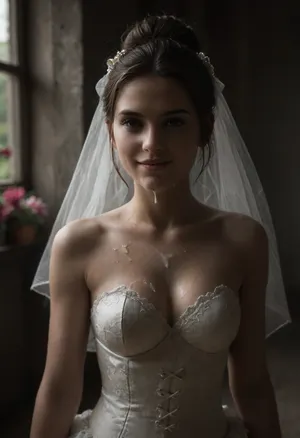 high resolution, high quality, closeup of face, beautiful woman 35 years old, (3/4 length photo:1.7), (Hair up in elaborate bun:1.4), (((loads of thick cum on her face:1.6))), cum dripping from face, cum on cleave, (standing model posing, (wedding dress:1.2), (white corset:1.2), (wedding veil:1.3), (white lace gloves), very cute, smile, long wavy brunette hair, colorful flowers garden in the background), on, face, bukkake, cum, <lora:JustCum:2>, <lora:dark:.4>, <lora:MS_Real_XL_Bukkake:2>