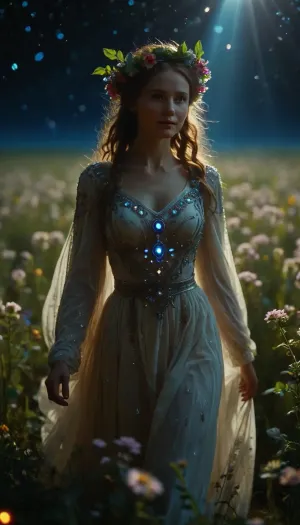 The goddess, personifying slavic Mother-Damp-Earth, in a wreath of flowers and leaves, in a spacious luminous white dress, runs across a field illuminated by the soft light of the universe, smiling, V4lkyr13, W4rr10r, Pr13st3ss, robes, armor, celestial, ethereal, discotech, scifi, uv, blacklights, <lora:MJ52:1.4>, <lora:Cosmic_Golden_Magic_-_DS:1.8>, <lora:Valkirie_Warrior_Priestess:1.4>, <lora:NaviDiscoTechXL-000011:.8>