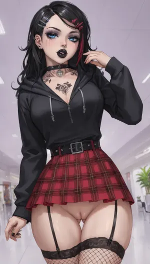 Tight asshole, pervy cute frisky emo girl, covered in tattoos, lots of tattoos, extremely horny, very attractive slutty hottie giving viewer peek of her tiny incredibly tight pussy, (huge anal plug:1), looking back at viewer with adorable extreme lewdness, beautiful face like a supermodel, glamorous goth makeup, black lipstick, (full thick lips:1.1), beautiful, gorgeous, perfect face, small cute nose, (blue perfect eyes), (large seductive eyes:1.3), (incredibly sexy physique:1.4), narrow shoulders and chest, narrow waist, perfect round ass, thigh gap, naturally busty, long straight black hair with highlights, (hair clip:1.4), (black hoodie:1.3), (red plaid skirt), (garter belt, fishnet stockings), (showing pussy:1.2), mall, TattooVariations, 3m0, Punk, G1rl, portrait, makeup, glowing, punk, 1girl, emo, girl, <lora:lora-sdxl-perfect-eyes:2>, <lora:TattooVariations:1.9>, <lora:Emo_Punk_Girl:1.2>, <lora:2010s_Emo_Style_XL:.6>, <lora:Buttplug__SDXL:1.8>