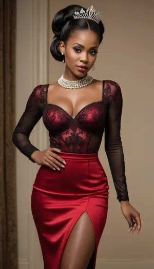 Full body view, (((African American))), milf, (((dark))), rich melanin glow, voluptuous, elegant, beautiful, seductive, strong, confident, sexy, sharp details, smooth skin texture, dark rich melanin glow.
portrait, vivid colors, bright, detailed, Masterpiece, woman wearing a white satin midi length Bodycon dress, pleated skirt, skirt has side splits, splits waist high, splits left and right side, long sleeves, puff sleeves, a red embroidered bodice covering dress, gold lace filigree overlaying outfit, wearing plain black stockings, wearing black shiny heels, woman wearing Diamond Collar choker, woman wearing Royal Diamond Tiara, woman's hair long blonde, hairstyle Low Classic Chignon Bun with Pearl Embellishments and bangs covering face