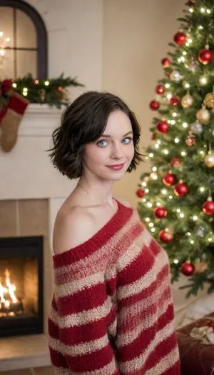 NSFW, Emma Myers/American actress, (((blue eyes))), (((dark, short hair, face-length))), decorating a Christmas tree. She wears a yellow and black striped knit sweater with bare shoulders and gray sweatpants. She is standing to the right of the tree, smiling as she hangs a gold and red ornament. The Christmas tree, positioned to the right of the image, is decorated with gold and red balls, white lights, and a gold star on top.

The background reveals a rustic and cozy living room, with warm lighting, a stone wall, and an arched ceiling. A crackling fireplace with a wooden frame is visible to the left, projecting a welcoming glow. Above the frame is a large tapestry with a colorful and detailed scene. Green garlands with small white lights hang from the frame and the stone wall, intensifying the festive atmosphere. A patterned rug covers the floor, and a brown leather sofa is positioned in front of the fireplace. The overall color palette of the image includes warm shades of brown, red, and green, contributing to the cozy and festive atmosphere. The photograph exudes a feeling of warmth, comfort, and Christmas cheer. emmamyers101, <lora:myers__dh_128_sdxl_v1b:2>, <lora:Emma_Myers_SDXL_101:.8>