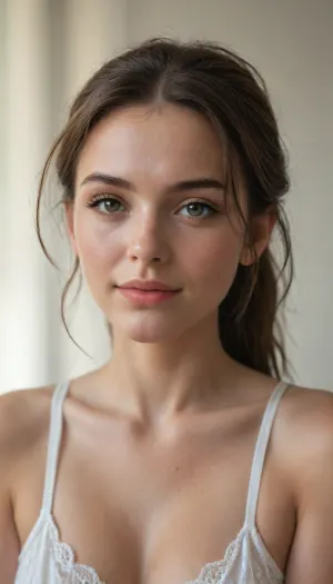 Extreme close-up portrait of a beautiful young woman in her early 30s named Judith, medium-length dark brown hair in a ponytail parted slightly to the side with a few loose strands framing her face, soft feminine facial features with high cheekbones, full natural lips curved in a genuine happy satisfied smile, expressive dark eyes with a knowing warm gaze looking directly at the camera with post-pleasure glow, light subtle makeup enhancing femininity slightly tousled and natural, smooth fair skin with a natural radiant glow and slight softened beard shadow as subtle shading on chin.

No semen or mess on face, clean and fresh post-intimate bliss expression, eyes sparkling with contentment and subtle mischief.

Soft warm indoor lighting or golden hour feel, blurred neutral background, highly detailed realistic photography style, sharp focus on face and eyes, intricate skin texture and subtle details, intimate serene atmosphere.