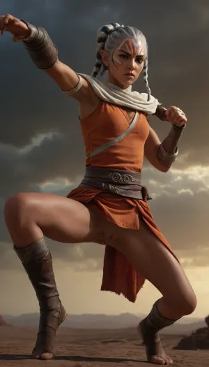 In a dramatic and >Star Wars inspired setting, (full body front view from below:1.4), of a sexy Ahsoka Tano with perfect anatomy, aged 25, (executes a flawless head kick:1.4), (with perfect form and posture:1.5), reminiscent of a master martial artist. She stands in a powerful, dynamic pose, (her leg extended high in the kick:1.3), her upper body bent forward in a fighting stance, In one hand, (she grips a dagger:1.1), ready to continue the fight after the kick. Her attire includes intricate Celtic armor with detailed engravings, and a flowing short wool tunic that lifts with the movement, exposes, (perfect pussy:1.6), The scene is well illuminated by bright sunlight, while darker, dramatic clouds loom in the sky, adding intensity. Every detail is captured in high resolution, the texture of her skin, the sheen of sweat, the movement of her hair, and the fabric of her tunic. A hint of smoke in the air and the overall atmosphere reflect the life-and-death stakes of the battle, (ziprealism:.3), ultra-sharp details, realistic skin texture, refined contrast, 8k detail, authentic facial expression, clean composition, (maximum photo quality:1.4), (maximum resolution:1.5), Ahsoka, Tano