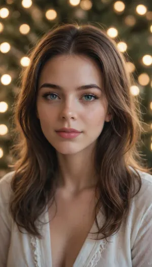 Extreme close-up portrait of a beautiful young woman named Vanessa with shoulder-length wavy brown hair softly framing her face, light blue eyes sparkling with joy, soft natural makeup, delicate feminine features, and a bright genuine warm smile looking directly at the viewer with playful teasing energy. Subtle festive Christmas atmosphere in the blurred background with hints of warm fairy lights and a decorated tree bokeh. Soft natural daylight illuminating her skin, high detail on facial features, eyes, lips, and expression, realistic photography style, professional beauty shoot, sharp focus on face, shallow depth of field, 8k resolution