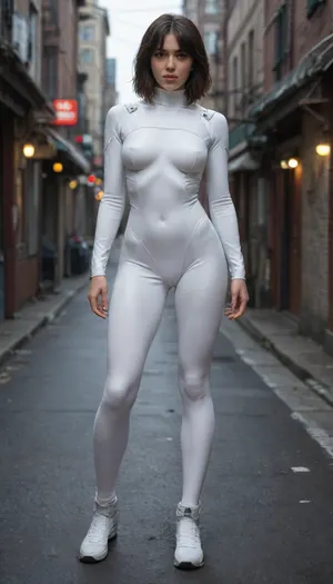 lazypos, (masterpiece:1.4), (best quality:1.4), amazing quality, very awa, newest, (very aesthetic:1.4), ultra-detailed, absurdres, nyonku, depth of field, focused subject, in the style of cksc, photorealistic, 1girl, ghost in the shell, kusanagi motoko, highleg leotard, cyberpunk, bodysuit, looking at viewer, on the edge of a building looking over a cyberpunk city at night, fuul body view, full body portrait