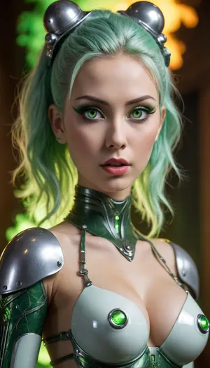 frightening Japanese female gynoid cyborg android robot machine with a artificial attractive beckoning full silver and green body, (show full body), in a gothic Gil Elvgren tease style full body pinup pose with a, (artificial white plastic porcelain face), and long green mohawk hair and, (brightly illuminated electric green eyes), with a green flames background, hyper-realistic, intricate green details, HDR, beautifully shot, hyperrealistic, sharp mfocus, 64 megapixels, perfect composition, high contrast, cinematic, atmospheric, moody intricate details, HDR, beautifully shot, hyperrealistic, sharp focus, 64 megapixels, perfect composition, high contrast, cinematic, atmospheric, moody, Hyperrealistic, splash art, concept art, mid shot, intricately detailed, color depth, dramatic, 2/3 face angle, side light, (green flames background), (big boobs)