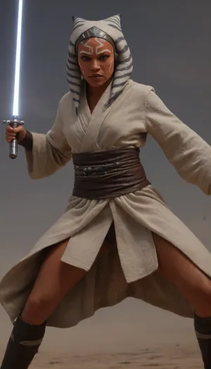 In a dramatic and >Star Wars inspired setting, (full body front view from below:1.4), of a sexy Ahsoka Tano with perfect anatomy, aged 25, (executes a flawless head kick:1.4), (with perfect form and posture:1.5), reminiscent of a master martial artist. She stands in a powerful, dynamic pose, (her leg extended high in the kick:1.3), her upper body bent forward in a fighting stance, In one hand, (she grips a light saber:1.1), ready to continue the fight after the kick, (Her attire includes the traditional robe of Jedi made of finely woven cotton fabric:1.5), layered and flowing with natural folds. The toga is simple yet elegant, in muted earth tones, designed for freedom of movement. A wide brown leather belt wraps around the waist, worn and practical, holding the robe in places, and a flowing short wool tunic that lifts with the movement, exposes a well lit, (perfect pussy:1.6), The scene is well illuminated by bright sunlight, while darker, dramatic clouds loom in the sky, adding intensity. Every detail is captured in high resolution, the texture of her skin, the sheen of sweat, the movement of her hair, and the fabric of her tunic. A hint of smoke in the air and the overall atmosphere reflect the life-and-death stakes of the battle, ultra-sharp details, realistic skin texture, refined contrast, 8k detail, authentic facial expression, clean composition, (maximum photo quality:1.4), (maximum resolution:1.5), Ahsoka, Tano, ahsoka, tano, <lora:Ahsoka_Tano_XL:.9>