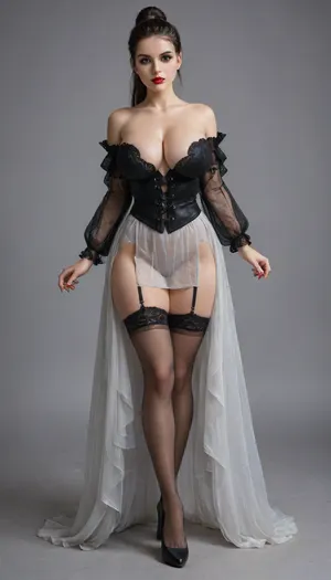 ((fit)), (pale skin), (Looking at the camera), (20cm high stiletto heels), (long hair:1.3), (long leg), (black garter), (Stockings), (SHOW huge breasts), (4k), <lora:nylons:.8>, <lora:2BoutOvalSDXL2-000002:.8>, <lora:sokate:.5>, squalor, damp, ultra realistic dark gothic fantasy, sharp focus, extreme detail, 8K, UHD, Gothic, Glam, (((Dominatrix))), Seductress, Explicit, full view, 35yo dark gothic seductress, extreme elegance, dominant glamorous presence, pronounced hourglass figure, extreme waist cinch, wide hips, very long legs emphasized, confident sensual stance, facing forward, dark gothic fantasy couture gown, NOT bridal, NOT wedding dress, NOT bride, off shoulder sweetheart neckline, very deep plunging neckline, structured corset bodice, visible boning, extreme sculpting emphasizing cleavage, curves, and waist, dark silver gown, metallic silver and graphite tones, cold silver palette, sheer ultra light translucent chiffon and tulle, airy see through layers revealing legs and full body silhouette, fabric is weightless, ethereal, drifting as if suspended in air, flowing independently of the body, latex illusion sheen on bodice and panels, high gloss reflective surface, liquid light reflections, mirror highlights contrasting with soft fabric, ultra high slit illusion created by transparency and fabric separation, sheer layers, ornate dark silver gothic embroidery, baroque floral vine patterns, luxury fantasy detailing, silver sparkles and cold luminous highlights embedded in fabric, long floating sheer sleeves, detached draped sleeves, ultra light translucent fabric billowing outward, high heels clearly visible through transparent skirt, HAIR IS A SLEEK HIGH PONYTAIL UPDO, hair pulled tightly upward, smooth polished crown, NO loose hair, NO waves, NO curls, NO hair down, high ponytail secured at the crown, long straight tail down the back, glossy smooth texture, sharp clean hairline, bangs framing the face, sleek high ponytail updo, pulled tight, smooth crown, straight tail, extreme editorial glam makeup, sharp sculpted brows, intense smoky eyes with deep plum and black gradient, dramatic cut crease, thick sharp winged eyeliner, ultra long false lashes, strong metallic cheek highlight with glassy reflective sheen, heavy contour, razor sharp cheekbones, blood red lips, flawless porcelain skin, moody gothic atmosphere, low key cinematic lighting emphasizing shine, transparency, latex sheen, floating fabric, <lora:milkers_v2:.8>