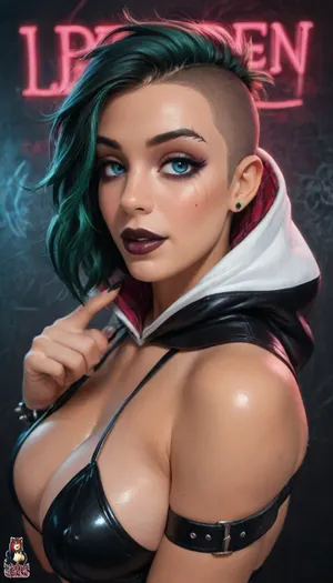 (gothpunk:1.6), (spider Gwen:1.3), (close-up of her face:.2), solo focus, (black spiked hair), (dramatic eye makeup:1.4), (shaved head), neon green highlights, smiling, piercings, nose ring, eyebrow ring, (black lipstick), spike bracelets, (straps), emo, (perfect mouth), (perfect lips), (black walls), (bright neon lights), (close up:1), (reiq:1.3), (from above:.4), (reaching forward:.5), (eye contact)