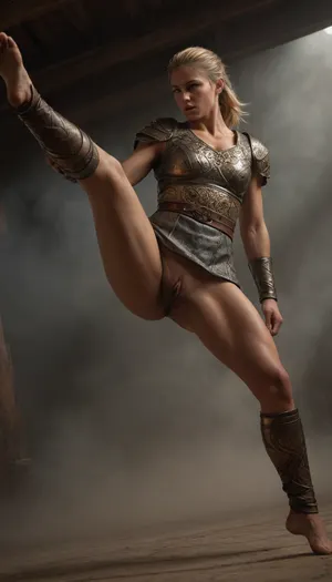 In a dramatic and historically inspired setting, (full body front view from below:1.4), of a sexy Nordic warrior woman with perfect anatomy, aged 25, (executes a flawless head kick:1.4), (with perfect form and posture:1.5), reminiscent of a master martial artist. She stands in a powerful, dynamic pose, (her leg extended high in the kick:1.3), her upper body bent forward in a fighting stance, In one hand, (she grips a dagger:1.1), ready to continue the fight after the kick. Her attire includes intricate Celtic armor with detailed engravings, and a flowing short wool tunic that lifts with the movement, exposes, (perfect pussy:1.6), The scene is well illuminated by bright sunlight, while darker, dramatic clouds loom in the sky, adding intensity. Every detail is captured in high resolution, the texture of her skin, the sheen of sweat, the movement of her hair, and the fabric of her tunic. A hint of smoke in the air and the overall atmosphere reflect the life-and-death stakes of the battle, (ziprealism:.3), ultra-sharp details, realistic skin texture, refined contrast, 8k detail, authentic facial expression, clean composition, (maximum photo quality:1.4), (maximum resolution:1.5), <lora:Brazilian_Perfect_Pussy_SDXL-000008:.8>, <lora:Italian_girl:.8>