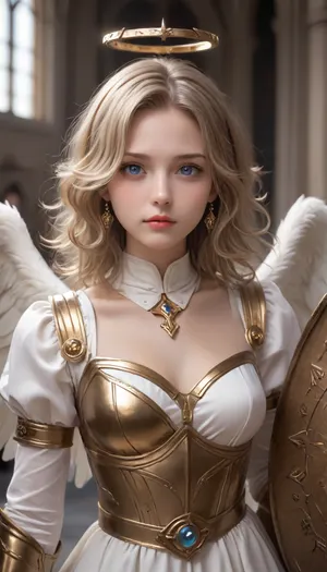 photorealistic, high resolution, professional photography, solo, 1girl, an Angel in a heavenly city, the angel has big wings, the angel wears armor, the armor is white with gold decorations, the angel has curly hair, the haircolour is bright blonde, the angel holds a sword in her right hand, the angel holds a shield in her left hand that radiates a light rainbow, the angel has a perfect face, she has bright blue eyes, the angels facial expression is stern