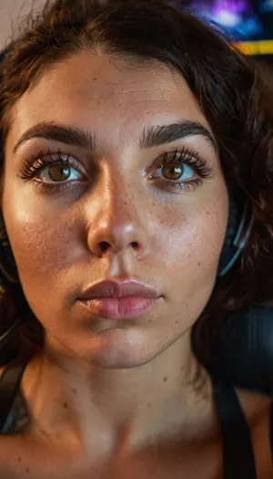 (27 Year old gamer girl:2), (headphones, twitch streamer, sitting in a gamer chair:1.5), (Mexican, warm undertone skin, freckles on her chest, freckles on face), (web cam snapshot, portrait, face portrait with emphasis on her eyes, close up of face, fisheye lens:1.5), (ring lighting, ringing lighting reflected in eyes), (Mexican features), (photorealistic, photo realistic, photorealism, photo realism:1.8), (4k, 8k, 8k resolution, best quality, ultra quality, highest quality, maximum quality, uncompressed, raw source photograph:1.2), (same honey color eyes, symmetric eyes, matching eyes, detailed eyes, detailed iris, detailed pupils, limbal ring around iris, perfectly round iris, perfectly round pupils:1.4), (detailed skin, high detailed skin, intricately detailed skin, perfectly detailed skin, high quality skin, highest quality skin, exquisitely textured skin), (intricate clothing, detailed clothing), (natural eyebrows, perfectly manicured eyebrows), (flushed cheeks, flushed neck, blushing cheeks, blushing neck), (overfilled lips, juicy lips, filled lips, puffy lips, glossy lips, her thick wet lips are slightly parted, nervously biting lower lip, lip bite, lip biting), (casual makeup, subtle makeup, natural makeup), (narrow jaw, delicate jawline, pointed jaw and chin, rounded face, larged face, pixie face, fairy face, fae features, extremely feminine face, round face, chin, mouth, high cheekbones, sharp cheekbones, faint vellus hairs, cute tall tall tall dimpled cheeks), (upturned button nose, upturned nose, delicate nose, nose), (long hair, wavey hair, loose hair framing her face, messy hair, tousled hair, bed hair, sex hair, black hair with dark roots), (eyes slightly crossed, big eyes, wide eyes, doe eyes, slightly wide set eyes), (striking eyes, captivating eyes, mesmerizing eyes, fae eyes), honey eyes with golden flecks, (huge breasts, large breasts, large natural saggy breasts), (athletic body, sporty body, lean body, muscular body, muscle shoulders, defined shoulders, rock climber body), (close up portrait of face, tight closeup of face, closely zoomed in on face, tight in on face, extreme closeup), (looking straight into the camera, looking straight ahead, head slightly raised, gazing lovingly straight into the camera, looking down on her from above), (she's in love, adoring gaze), (no nudes, nonnude), (relaxed posture, casual pose, casual outfit, casual attire, casual underwear), (loving expressing, adoring expression, joyous, joyful, pleased), (girlfriend, girlfriend material, girlfriend experience)