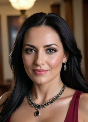 Srikingly beautiful elegant milf with very long, straight black hair, dark eyes, light makeup, light smile, curvy thick build, (top quality), (high details), necklace, face, (perfect), (cinematic)