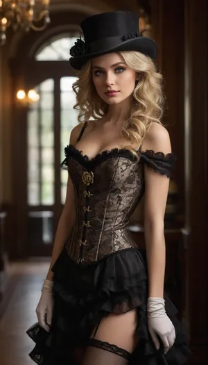 A hyper-realistic, ultra-detailed full-body portrait of a 28-year-old blonde woman, exuding worldly wisdom, intelligence, and seductive confidence. She has long, voluminous, golden-blonde curls cascading down her shoulders, with playful strands framing her face. Her makeup is flawless, smoky, sultry eyes with long lashes, a subtle winged liner, and a soft, rosy lip. Her skin is porcelain-smooth, with a natural glow and a hint of blush on her cheeks.
She is dressed in an opulent, Victorian-inspired steampunk gown, a cream-colored corset with intricate black lace and gold button details, cinching her waist dramatically. The corset is paired with a voluminous, layered skirt featuring ruffles and delicate embroidery, giving her an air of aristocratic elegance. She wears thigh-high black lace stockings with ornate patterns and sleek white gloves that reach her elbows. Her footwear is elegant yet daring, white high-heeled boots with delicate buckles.
She is wearing a black top hat adorned with a single black rose, tilted confidently on her head. In her right hand, she lightly grips a polished cane, while her left hand rests on her hip. Her expression is a mix of mischief and sophistiness—a knowing smile playing on her lips, her gaze meeting the viewer’s with a hint of playful defiance.
The setting is a grand, sunlit hallway with high ceilings, ornate molding, and soft, natural light streaming in through tall windows. The atmosphere is luxurious and timeless, evoking a sense of mystery and allure. The image is ultra-HDR, with cinematic lighting, sharp details, 8K resolution, and a rich color palette that enhances her glamour and seductive presence. The composition is balanced, symmetrical, and centered, ensuring the full length of her outfit, including the hat and boots, is clearly visible and prominently featured., <lora:add-detail-xl:2>
