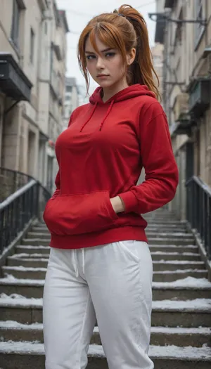 masterpiece, best quality, 1girl, solo, kmazm, orange hair, ponytail, long hair, hair between eyes, purple eyes, big breasts, red hoodie, white pants, sweatpants, hands in pockets, T, pout, v-shaped eyebrows, blush, cold, winter, stairs, city, grey sky