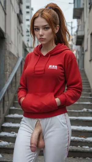 masterpiece, best quality, 1girl, solo, kmazm, orange hair, ponytail, long hair, hair between eyes, purple eyes, big breasts, red hoodie, white pants, sweatpants, hands in pockets, T, pout, v-shaped eyebrows, blush, cold, winter, stairs, city, grey sky, futanari, mastrubation, erect penis, hard penis, sagging testicles, veiny cock, leaking precum, tilt to the side, throbbing cock