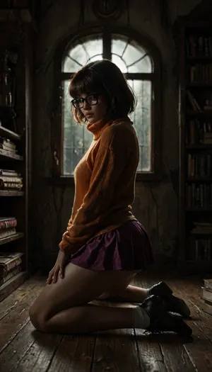 The image is an anime-styled digital illustration depicting a Velma Dinkley from Scooby Doo, wearing glasses Velma Dinkley from Scooby Doo, kneeling in a room with dim, ominous lighting. The woman is wearing an orange sweater with long sleeves and a short purple skirt. She's wearing white underwear and she's wearing black shoes. She has short brown hair with a purple ribbon and big brown eyes. She is turned three-quarters to the left and looks over her shoulder at the viewer. The room she's in is filled with books and antique furniture. The large window behind the woman shows a view of the trees outside, and there are signs of recent rain. The room also has an antique lantern that gives off a warm glow, and a spider web in the corner of the room. The overall atmosphere of the image is both playful and creepy, rear view, side view, <lora:detailed_notrigger:2>, <lora:add-detail-xl:.8>, <lora:LCMTurboMix_Euler_A_fix:.8>, <lora:dark:.8>, <lora:style_lora_realis:.8>