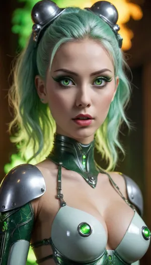 frightening Japanese female gynoid cyborg android robot machine with a artificial attractive beckoning full silver and green body, (show full body), in a gothic Gil Elvgren tease style full body pinup pose with a, (artificial white plastic porcelain face), and long green mohawk hair and, (brightly illuminated electric green eyes), with a green flames background, hyper-realistic, intricate green details, HDR, beautifully shot, hyperrealistic, sharp mfocus, 64 megapixels, perfect composition, high contrast, cinematic, atmospheric, moody intricate details, HDR, beautifully shot, hyperrealistic, sharp focus, 64 megapixels, perfect composition, high contrast, cinematic, atmospheric, moody, Hyperrealistic, splash art, concept art, mid shot, intricately detailed, color depth, dramatic, 2/3 face angle, side light, (green flames background), (big boobs)