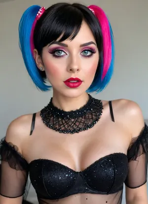 Gothic style Stunning photo, 8k, highest quality, wide viewing angle, The new widow is 18 years old, detailed face, insanely attractive face, Little lady, (square haircut, multicolor:1.2), anal sex, extreme anal penetration, big boobs, huge anal toy in the anus, full body view, legs in stockings with a pattern of 💕, Sperm splashing everywhere, hypervigilance, The whole body in plain sight, too big for a girl and stretching the anus to the limit, Sperm splashing from the vagina, big ass, beautiful, (makeup:1.5), long blue eyelashes, olive eyeshadow with glitter, (high-quality facial care:1.3), large plump lips of a beauty in red lipstick with a glossy wide pink contour and an open mouth, (hairstyle with five pigtails, straight blue bangs with sequins:1.2), purple areoles, looks at me, (short, hair:1.7), (The black hair veil:1.5)