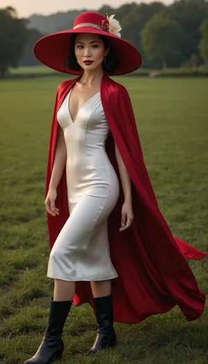 A hyper-realistic full-body portrait of a 45-year-old sophisticated, elegant, and powerful Chinese woman, exuding confidence and sensuality, walking gracefully across a lush green field, wearing a sleek white satin dress with a deep V-neckline and a flowing red cape, paired with stylish black wellington boots, accessorized with large gold statement earrings, bold red lipstick, and strong, confident makeup with smoky eyes, perfectly styled hair in an elegant updo, wearing a large, dramatic red wide-brimmed hat with a delicate floral arrangement on top, the hat is oversized and eye-catching, casting a subtle shadow on her face, radiant and happy, oozing charisma and dominance, ultra-detailed skin texture, cinematic lighting, 8K resolution, photorealistic, intricate fabric and boot details, luxurious yet practical atmosphere, high fashion editorial style, sensual yet powerful expression, subtle smile, confident posture, ultra HD, hyper-detailed, professional photography, depth of field, vibrant colors, rich contrast, award-winning portrait, full-body view from head to toe