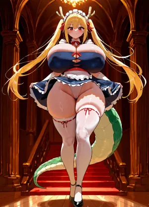 Tohru dragon maid.

Venus body, hyper boobs, huge cleavage, maid outfit, tight clothes, covered nipples, large areolas, green dragon tail.

Full body view., nicorima, flat, chest, gigantic, small, hips, thighs, wide, thick, plump, belly, muscular, female, arms, extra, abs, large, breasts, big, boobs, huge, tits, <lora:Nicorima Style:.8>, <lora:Venus_Body_Alpha:.8>, <lora:bombshell_v2:.8>