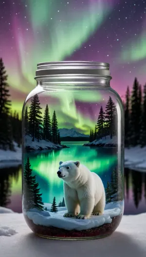 A glass jar containing the Northern Lights, with a starry night sky reflected in a lake inside, surrounded by snow-covered North Pole pines and a white polar bear. The Northern Lights are depicted against a background of stars in the night sky, with the lake reflecting both the Northern Lights and the North Pole night sky, creating an Arctic polar world. Detailed textures, a colorful and saturated emerald green and magenta Northern Lights, a starry sky, water reflecting the Northern Lights and stars, some snow-covered pines, and a white polar bear are rendered with great detail and sharpness, free of errors. The interior of the glass jar is ultra-detailed and of high quality, with detailed and realistic textures, a sharp, detailed sky, and crisp reflections. Ultra-sharp low foreground, prioritizing the interior of the large, wide glass jar, great depth of field inside the jar, sharp edges, sharp focus throughout the interior, well-focused, (superior quality:1.4), (ultra-detailed:1.3), (illuminated by the aurora borealis of the jar), ('hyper-realistic 8k, details of the night sky, detailed and colorful aurora borealis, reflections of the aurora borealis in the lagox, texture of the snow, details of the snowy pines, details of the sharp polar bear, cinematic work), .