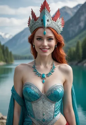 Fish woman, scaly white/red skin, confident smile, large red head ridge with intricate white patterns, silver headpiece with small hanging turquoise gems, fair skin, prominent breasts, draped in a blue and teal garment that reveals her shoulders and cleavage, athletic build, lake in the background, fantasy setting