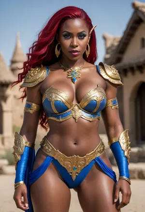 Dark skinned elf woman, massive woman, extremely muscular woman, female elf warrior, massive breasts, massive hips, hourglass figure, extreme muscle definition, extreme muscle striation, long flowing deep red hair in a voluminous updo, pointed elf ears, confident expression, blue lipstick, blue eyeshadow, gold circlet, elaborate bikini armor with intricate flower motif in red blue and gold, exposed midriff, extremely defined abs, extremely defined arms, extremely defined legs, dessert setting, village in the background, fantasy setting