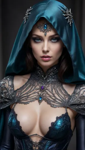 Explicit, (photorealistic:.9), woman is a cruel dark goddess, with cold dominance and merciless authority, intimidating presence, extreme glam fantasy couture editorial. Her skin appears drenched in liquid chrome, ultra-wet mirror-like sheen, molten metallic gloss flowing across the body, high-reflective oil-slick chrome highlights with prismatic spectral shifts, (obsidian, mercury, sapphire, violet), surface tension like living metal clinging to every curve, hypnotic and dangerous.

Ornate silver filigree hooded cloak worn low and open, heavy and oppressive, sheer lace and translucent fabrics stretched taut over the silhouette beneath, clinging with visible tension, revealing form through gloss and transparency without explicit nudity. Intricate baroque, gothic, and occult-inspired lace patterns wrap the body like symbols of control, metallic embroidery glowing in cold silver, sapphire, and blackened chrome tones. Corseted gown cinched brutally at the waist, sculpting hips and chest, plunging neckline, extreme thigh-high slit, layers of silk, high-gloss satin, latex-like fabric, lace, and chiffon flowing like dark liquid, every surface wet and reflective.

Elaborate jeweled headpiece crowned with a blazing sapphire, crystal chains framing the face like a crown of punishment. Eyes sharp, predatory, and unfeeling, piercing blue-grey gaze filled with cruelty and command. Smoky eye makeup in obsidian, gunmetal, and bruised amethyst, long lashes casting harsh shadows. Lips glossy deep blood-wine crimson, expression cold and merciless. Porcelain skin beneath the chrome sheen appears flawless, godlike, and lethal.

Hands adorned with ornate silver rings posed with deliberate restraint and threat, elegant fingers radiating dominance. Lighting is harsh, sculptural, and high-contrast, carving the body in shadow and chrome highlights, amplifying wet shine, fabric tension, and metallic glare. Background is a dark, oppressive fantasy void with swirling black mist and venomous jewel-toned light, (violet, teal, midnight blue), atmosphere heavy and punishing. Gothic sadistic glamour, forbidden divinity, aristocratic cruelty, extreme wicked elegance, ultra-detailed, photorealistic, cinematic composition, professional studio quality, razor-sharp focus, shallow depth of field, HDR, 8K detail.

woman destroys men in gangbang, woman, (double penetration, dp, anal creampie, ass grab, cum on ass, lots of cum), (gangbang, gand dick, many cocks, bukkake, cum on face, blowjob, deepthroat, balls deep, oral, oral creampie, facial, lots of cum, handjobs), more naked men in the background