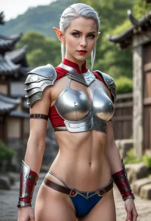 Female warrior, elf woman, short spiky light gray hair slicked back, pointed elf ears, striking blue eyes, red lipstick, determined expression, bikini armor top, muscular abdomen, well-defined abs, muscular arms, muscle definition, athletic build, silver choker with a faint eye symbol, silver arm bracers, simple village in the background, Japanese aesthetic, fantasy setting