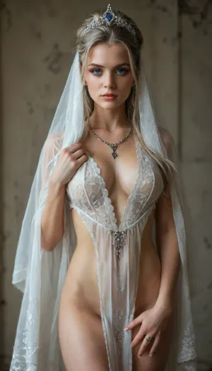 Realistic, Full-body cinematic portrait of an unholy dark goddess, standing with absolute dominance and wicked confidence, full figure visible from head to toe, predatory elegance, corrupting beauty, extreme glam erotic fantasy couture editorial. Her body glows with sinister liquid-light shimmer, skin appearing molten and enchanted, pearlescent and oil-slick iridescence crawling across her form, micro-glitter highlights tracing every curve like forbidden magic, radiance both seductive and dangerous.

Ornate silver filigree hooded cloak hanging open and heavy with menace, sheer lace and translucent fabrics stretched tight across the body, clinging, sliding, barely concealing the silhouette beneath, fabric tension charged with erotic power. Intricate baroque and occult-inspired lace patterns coil around her body like sacred corruption, metallic embroidery glowing in silver, sapphire, obsidian, and blood-wine tones. Corseted gown crushing the waist, emphasizing hips and chest, plunging neckline, extreme thigh-high slit, layers of silk, lace, and chiffon flowing like dark smoke, every surface shimmering as if alive.

Elaborate jeweled headpiece crowned with a blazing sapphire, crystal chains framing the face like a crown of sin. Eyes half-lidded and merciless, blue-grey and piercing, gaze heavy with temptation and command. Smoky eye makeup in obsidian, silver, and bruised amethyst, long lashes casting shadows, lips glossy deep crimson, slightly parted with wicked intent. Porcelain skin luminous, flawless, godlike and lethal.

Hands adorned with ornate silver rings posed with deliberate control, elegant fingers radiating power and seduction. Lighting is dramatic, sculpting, and predatory, wrapping the body in shadow and glow, amplifying shimmer, lace transparency, and metallic shine. Background is a dark, opulent fantasy void with swirling mist and venomous jewel-toned light, (violet, teal, midnight blue, hints of infernal glow), . Gothic decadence, forbidden divinity, aristocratic corruption, extreme glam wickedness, ultra-detailed, photorealistic, cinematic composition, professional studio quality, razor-sharp focus, shallow depth of field, HDR, 8K detail., art, by, mooncryptowow, Dollskill, <lora:add-detail-xl:.8>, <lora:MJ52:.8>, <lora:WowifierXL-V2:.8>, <lora:Dollskill_Downbeat_Spiked:.8>