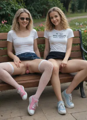 (warm ambient light:.5), (dramatic:.3), (shadows:.4), nostalgia, RAW image, taken on a Canon EOS R3, DSLR photo, -‐-----------------------------, 2girls, (visible upskirt shaved pussy), (two happy excited 18 year old skinny girls with very light long curly blonde hair, cut hair, tomboy hair, detailed bow), happy slutty smiling at camera, sunglasses, transparent t-shirt, strapless T-shirt, micro skirt, pink fishnet stockings, (ragged grey sneakers), large cleavage, see-through, visible upskirt pussy, ultra detailed, realistic, perfect teeth, perfect fingers, thigh gap, narrow hips, perfect hands, perfect feet, athletic body, (flat female chest:1.2), (flàt chested), (anal prolapse:1.4), -----------------------------, Sitting on bench, slightly, (slightly spread legs), in colorful flowers garden, (full body view), (3/4 body view)