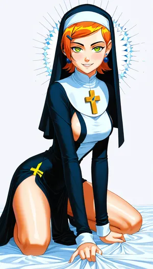 A person with long orange hair is positioned on all fours, facing forward with a charming smile. They have a slender and graceful silhouette with delicate and harmonious facial features. Their hair flows in soft waves over their shoulders. They are wearing a black nun's habit with a white collar, which contrasts beautifully with their clear and luminous complexion. Their breasts have a heavy sag to them. A golden cross hangs around their neck, adding a spiritual dimension to their appearance. The outfit is modernized with cutouts on the sides of the hips, adding an elegant touch to the traditional, CharacterDesignFLUX, reference, sheet, white, background, simple, multiple, views, upper, body, front, from, side, color, palette, high_detailed, captured, in, detail, magic, particles, references, sideboob, partial open dress, high, heels, sexy, heel, 15, cm, boots, ChunLingerie, (/Ben10), /, (ultra, HD, quality, details), (green, eyes), <lora:MJ52:.8>, <lora:SDXL_ChunLingerieXL:.8>