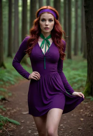 Woman, soft long wavy deep red hair, thin purple headband, surprised/curious expression, fitted short purple dress with long sleeves, bright green loosely tied ascot, hourglass figure, athletic build, dark forest, nighttime, spooky ambiance, shadows, dark background