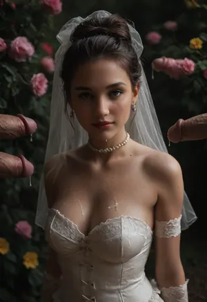 high resolution, high quality, dark scene at night, closeup of face, cute woman, cum on face, smile, pearl choker, pearl earrings, (Hair in elaborate updo:1.4), (((four loads of thick visible cum on her face:1.6))), cum dripping from face, cum on cleavage, (standing model posing, (wedding dress:1.2), (white corset:1.2), (wedding veil:1.3), (white lace gloves), cum is thick and white and clearly visible, exaggerated amounts of cum, very cute, smile, surrounded by cocks, out of focus colorful flowers in a romantic outdoor background, outdoors, on, face, bukkake, cum), bellissima, woman, cum, on, face, <lora:LesFemmesXL_v1.0:1.5>, <lora:dark:.4>, <lora:JustCum:1.4>, <lora:Jennifer_Connelly_Portrait_Lora-000002:.8>