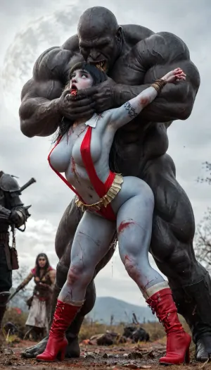 (vampirella:1.32), ((Vampirella is a tall, pale woman with a mane of raven-black hair and green eyes. Her look is that of a skimpy, red sling bathing suit barely covering her nipples and genitalia, with a golden bat emblem over the crotch. She wears an upturned white collar at her neck, long, high-heeled black boots, and a golden bracelet on one arm)), female drow elf barbarian, (blue skin:1.82), tall, angry, busty, curvy, thin waist, big boobs, big butt, slim, fit, vitiligo, strong, fur pelt armor, dungeons and dragons, purplish blue skin, black and purple hair, Dark, Elf, Warrior, Drow, tattooed, scarred, purple eyes, blue skin, amazon, giant, fur barbarian armor, bloody, blood spatter, bear, bear heart, (in a bloody filed after a battle, white full moon in the sky:1.4), (man is choking her from behind:1.2), ((hogtied, bound with large chains, crucified to a torture table, spikes through hands:1.3)), (torture:1.32), (large sharp sword in anus:1.12), cock in mouth, (brutal face fuck), Blowjob, (tears in eyes:1.5), (running makeup), (cum drips from nose:1.3), (cum drips from mouth:1.3), ultra hd, photorealistic, hyper gigantic large black cock in mouth, (((hyper gigantic large black cock in mouth:1.3))), gangbang, double anal penetration, anal spitroast, groupsex, deepthroat, (4 gigantic African black brute thug, huge trunklike arms, huge head, hyper muscular body, dressed in slave clothes:1.32), ((hogtied, bound for sex, tied up)), (((hyper gigantic large white cock in mouth:1.3))), (pulled nipples:1.2), nipple clamps, (((spitroast))), (((hyper large cock in mouth:1.3))), screaming, shocked, deep anal penetration, Uber realistic, 8k, ultra detailed, masterpiece, arched back, detailxl, 35mm photograph, film, professional, 4k, 1girl, 5 boys, hdr, photographic, ultra realistic, ultra high details, back light, (front view), (dynamic pose), best quality, incredibly lean body, anal sex, with large muscular black men, gargantuan black cocks, large hyper muscular fat old men, (double anal sex), swollen white veiny cocks, (double anal penetration), hardcore double penetration, proper physics, big white cocks, muscular white double anal gangbang, (forceful penetrations), extremely graphic, beautiful hands, defeating a woman in combat, fighting, killing, blood, winning fight, magazine cover, Realism_Quality_2xx_By_Stable_Yogi, score_9, score_8_up, score_7_up, (((very pretty face:1.3))), (((extremely ultra detailed face:1.3))), perfect fingers and hands, upper body view, (extreme size difference:1.6), (ultra realistic), (maximum quality), (high resolution), (extreme detail), (ultra realism), UHD, super high quality, highly detailed, high resolution, perfect lighting, natural lighting, (dynamic angle), (random angle), (random pose), (dynamic view), (random view), golden hour, rich details, nature-inspired color palette, <lora:LCMTurboMix_Euler_A_fix:2>, <lora:Dark_Elf_Warrior:2>, <lora:Drow:2>, <lora:zavy-brbrn-sdxl:2>