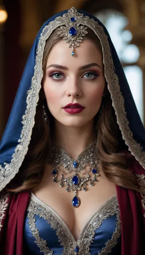 Cinematic portrait of a woman wearing an ornate silver filigree hooded cloak, intricate lace patterns with floral motifs, elaborate jeweled headpiece with sapphire centerpiece and crystals on forehead, dramatic smoky eye makeup, long dark lashes, piercing blue-grey eyes, glossy burgundy red lips, porcelain skin, elegant jewelry with teardrop gemstones, luxurious embroidered black and silver fabric with baroque patterns, soft dramatic lighting, shallow depth of field, professional photography, ultra detailed, photorealistic, 8k resolution, fantasy fashion editorial style, regal and mysterious atmosphere