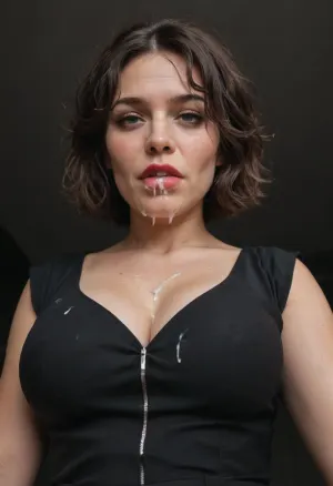 (milf:1.2), (mature:1.2), (flushed face:1.2), (wrinkles), (flushed eyes:1.2), (swollen eyes), (sharp face features:1.2), black dress, (fitted dress), (leather dress), black background, (sweaty face:1.2), (looking at viewer), wide open eyes, big eyes, (large puffy lips), big mouth, downblouse, bent over, selfie, (low angle view:1.3), (view from below:1.3), (thick hair), (short hair cut), (messy hair bangs:1.2), (red lipstick), (sexy makeup:1.2), black hair, (cum overflow:1.2), (cum dripping:1.2), (cum running down), (kiss me face), (kiss me lips), (cum in mouth), (mouth is full of cum:1.2), (face close up view), (bukkake:1.2), cuckold, gorgeous, pretty, cute, perfect, sexy, beautiful, (cum on face), open mouth, black eyelashes, thick eyelashes, wicked smirk, horny look, (mistress), (femdom), (cum on cleavage), (upper body view), (wet hair), (cum on hair:1.2), (messy hair:1.2), (sly look), (girl on top), dominant look, (curvy body)