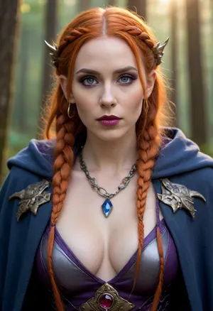 Woman, pale purple skin, red eyes, purple lipstick, long orange hair frames her face in braids, silver circlet with a gemstone, pointed elf-like ears, dark gray/black outfit with gold accents, cloak draped over her shoulders, massive breasts, massive hips, hourglass figure, calm/serious expression, glowing blue magical symbols on her left arm, misty forest background, fantasy setting