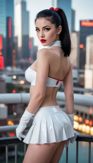 20 yo, bimbo slut, white latex nurse costume, black hair, high ponytail, tiny breast, flat chest, ((red lipstick)), transparent plastic micro bikini, white latex pleated micro skirt, gloves, cyberpunk city background