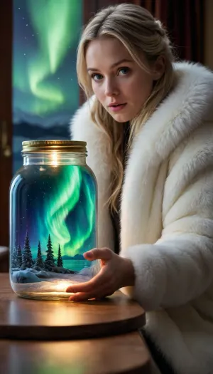 A beautiful woman dressed in a white fur coat holds a jar containing the Northern Lights and a lake inside. The aurora cascades from the sky into the jar, filling it with an arctic world. The ultra-detailed glass interior features meticulously detailed hands holding the jar, gazing through it with a stunned expression as the Northern Lights cascade from the sky into the jar. The jar is large.frasco en primer plano ultra nitido